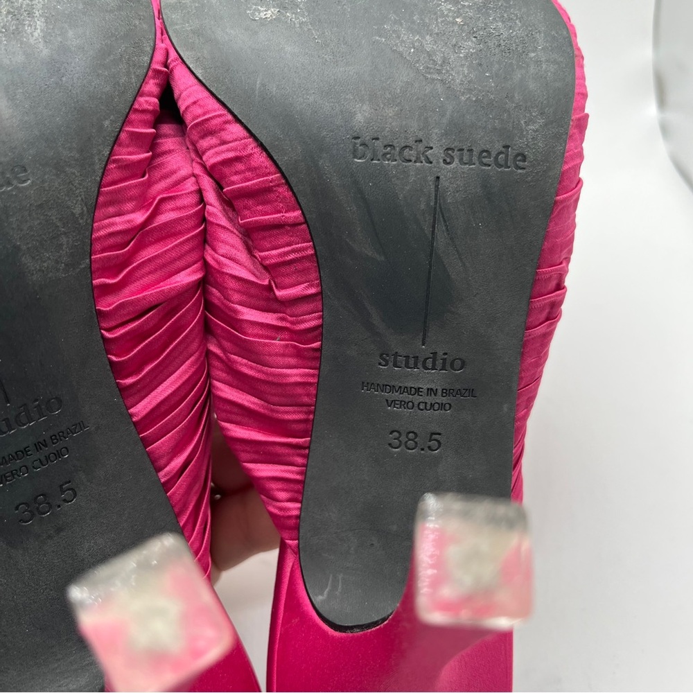 EUC Black Suede Studio Liliana Heels Pink Fuschia Women's Size 38.5 US 8.5 Mules - Picture 9 of 10